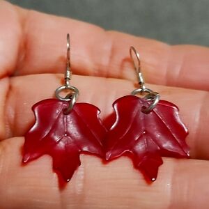 DARK RUBY RESIN MAPLE LEAVES .925 HOOK DROP DANGLE 1.5" EARRINGS